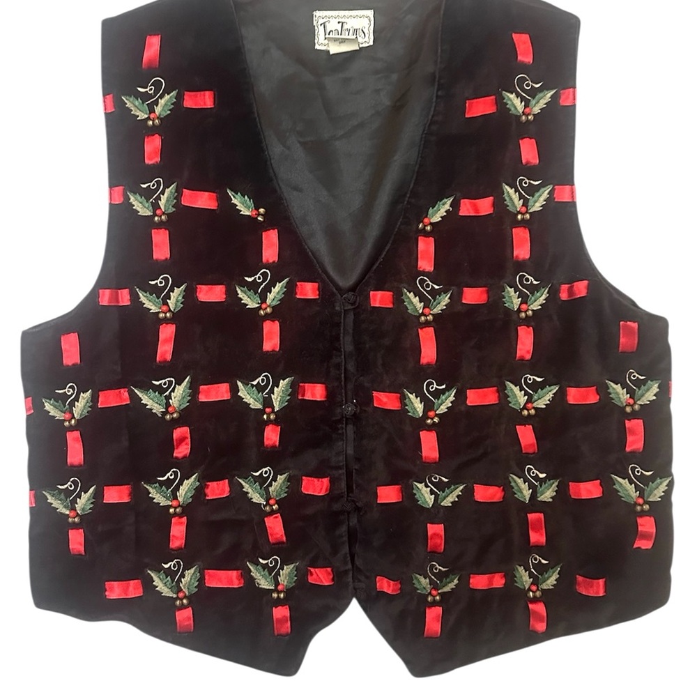 Vtg 90s Christmas Black Velvet Novelty Vest XL Grannycore Festive Holiday Party